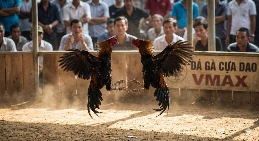 Hai chiến kê đang giao đấu trong một trận đá gà cựa dao VMAX trước sự chứng kiến của khán giả